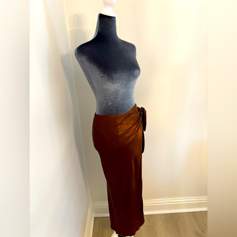 Enza Costa Satin Wrap Skirt In Saddle Brown Size 0/Xs - Picture 4 of 16
